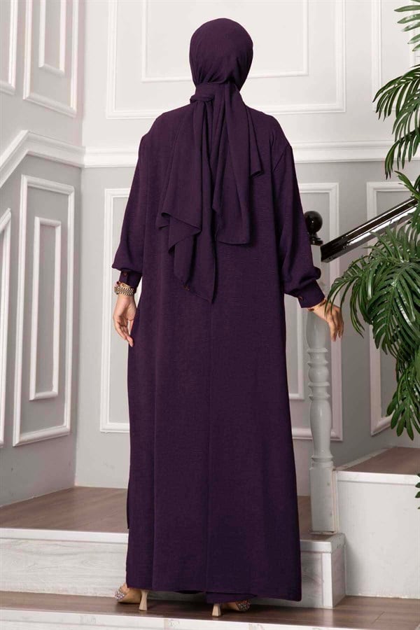 Half-Button Long Hijab 2 Piece Set, Plum
