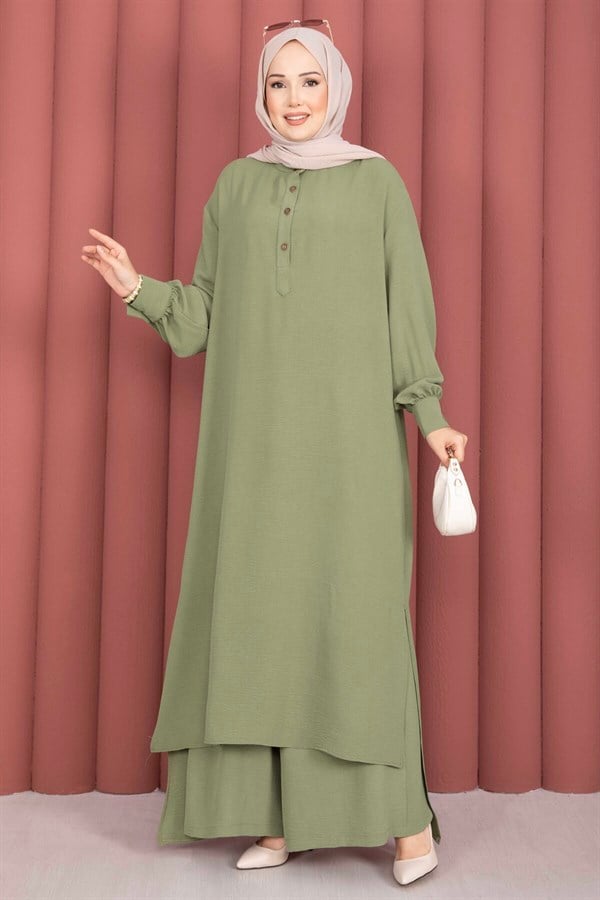Half-Button Long Hijab 2 Piece Set Green Olive