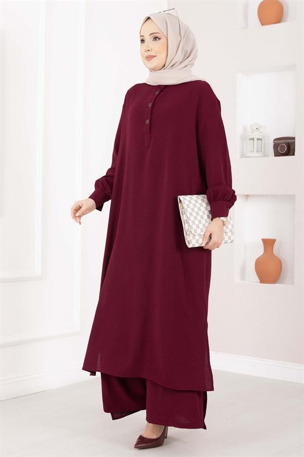 Half-Button Long Hijab 2 Piece Set in Burgundy