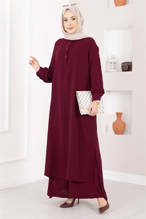 Half-Button Long Hijab 2 Piece Set in Burgundy