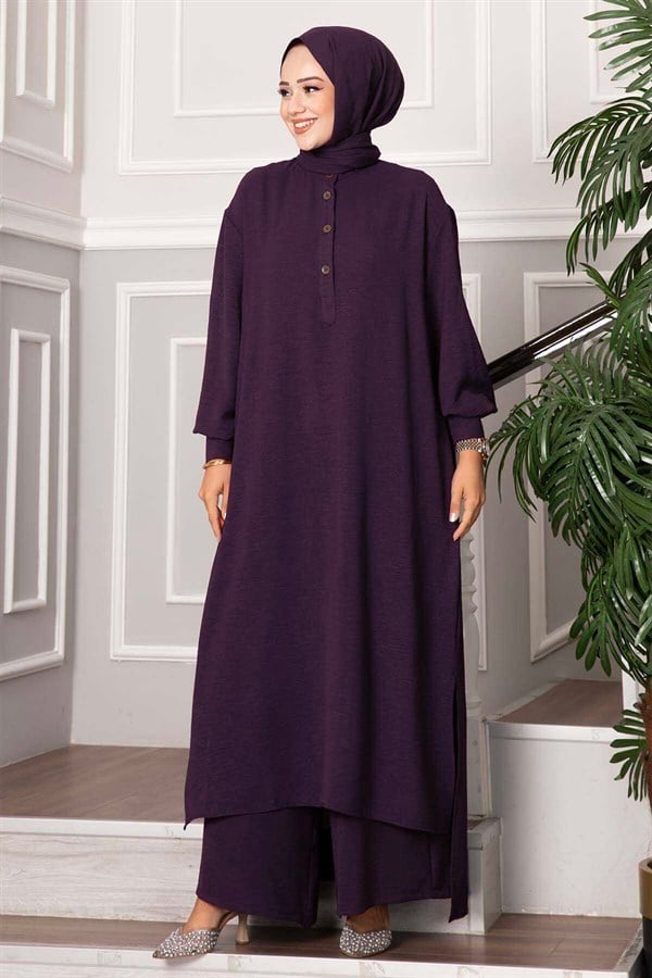 Half-Button Long Hijab 2 Piece Set, Plum
