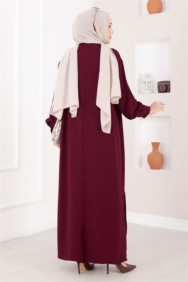 Half-Button Long Hijab 2 Piece Set in Burgundy