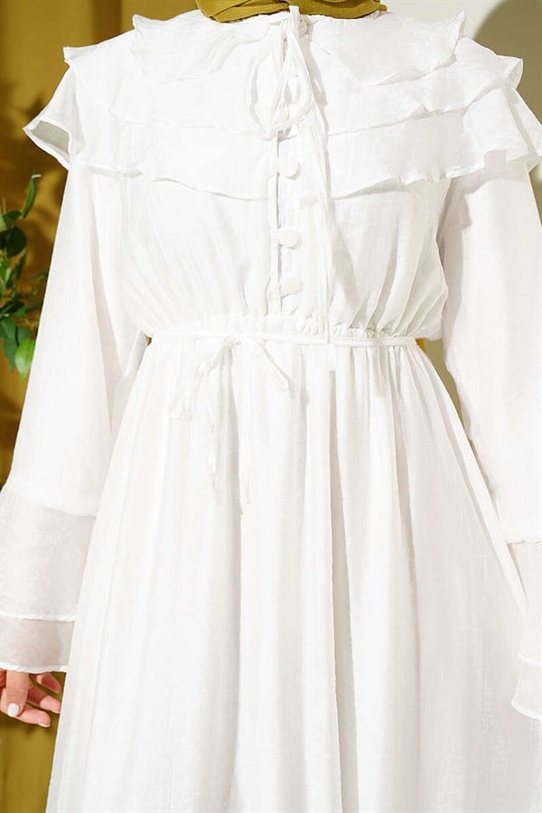 Half-Button Ruffled Dress White