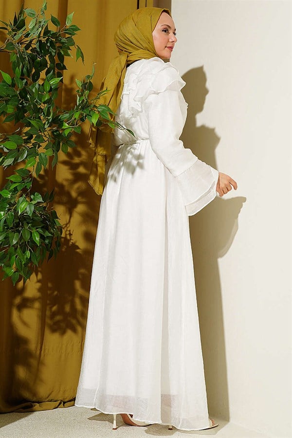 Half-Button Ruffled Dress White