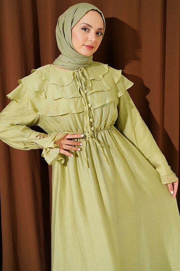 Half-Button Ruffled Dress in Sage Green