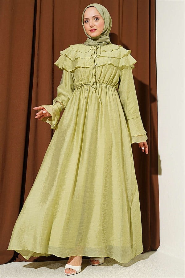 Half-Button Ruffled Dress in Sage Green