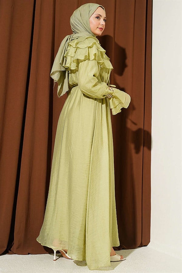 Half-Button Ruffled Dress in Sage Green