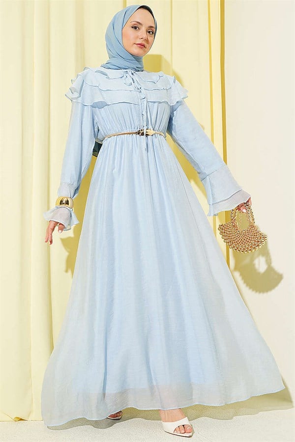 Half-Button Ruffled Dress, Blue