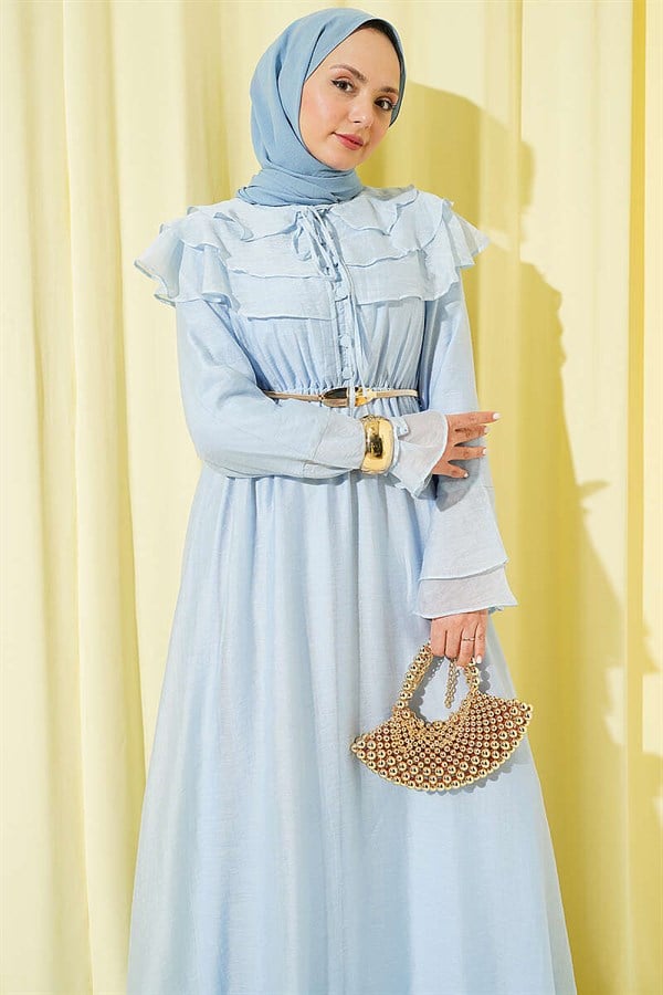 Half-Button Ruffled Dress, Blue