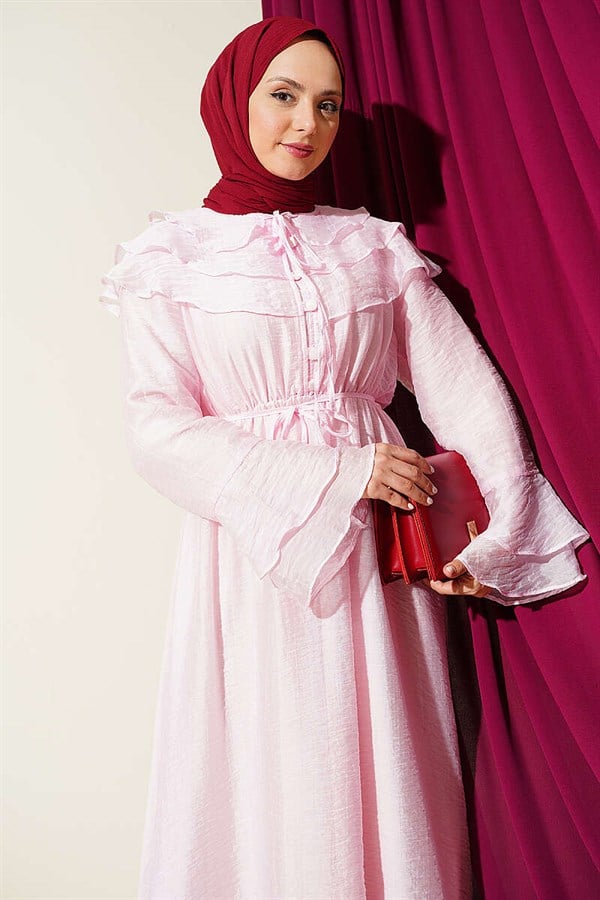 Half-Button Ruffled Dress Pink