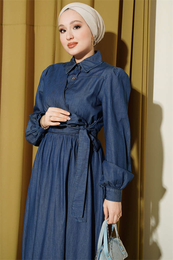 Half-Button Side Tie Denim Dress Blue