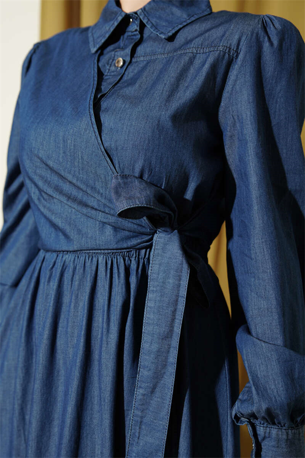 Half-Button Side Tie Denim Dress Blue