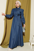 Half-Button Side Tie Denim Dress Blue