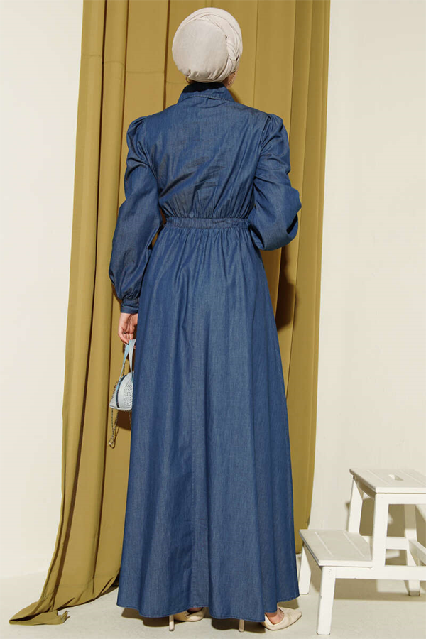 Half-Button Side Tie Denim Dress Blue