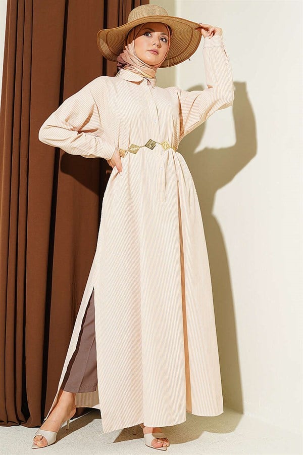 Half-Buttoned Striped Long Shirt with Side Slits, Beige