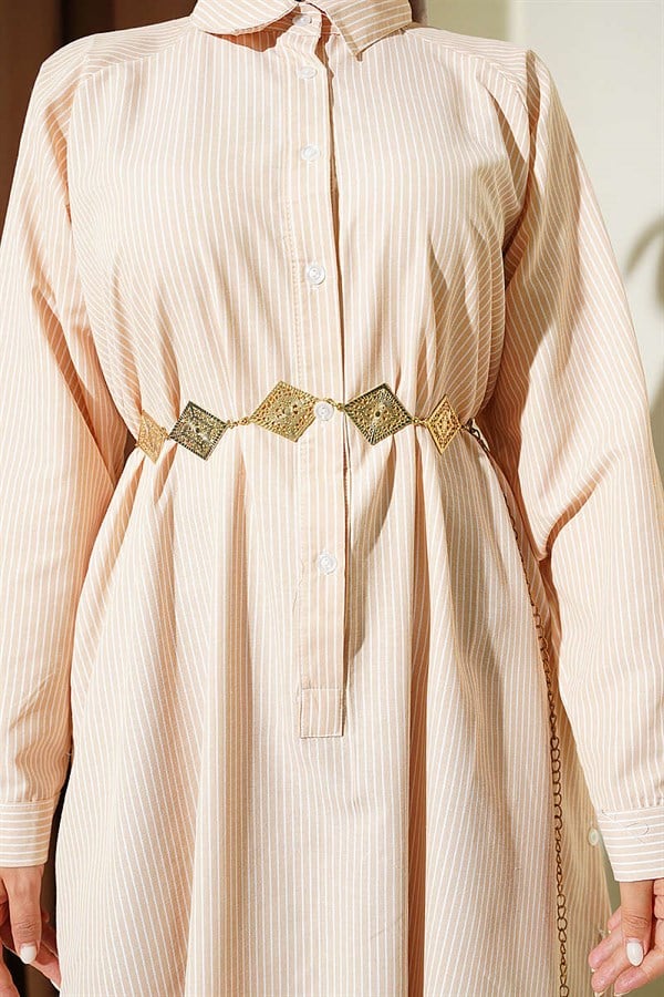 Half-Buttoned Striped Long Shirt with Side Slits, Beige
