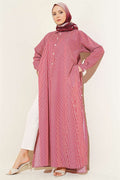 Half-Buttoned Striped Long Shirt with Side Slits, Burgundy
