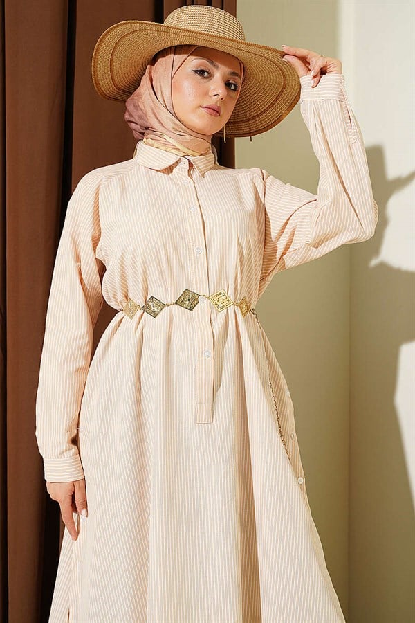 Half-Buttoned Striped Long Shirt with Side Slits, Beige
