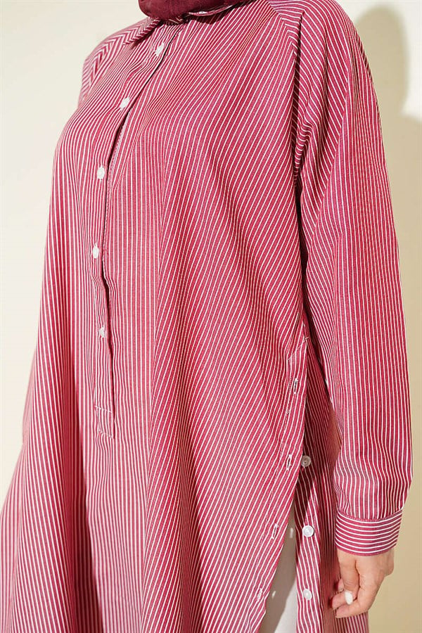 Half-Buttoned Striped Long Shirt with Side Slits, Burgundy