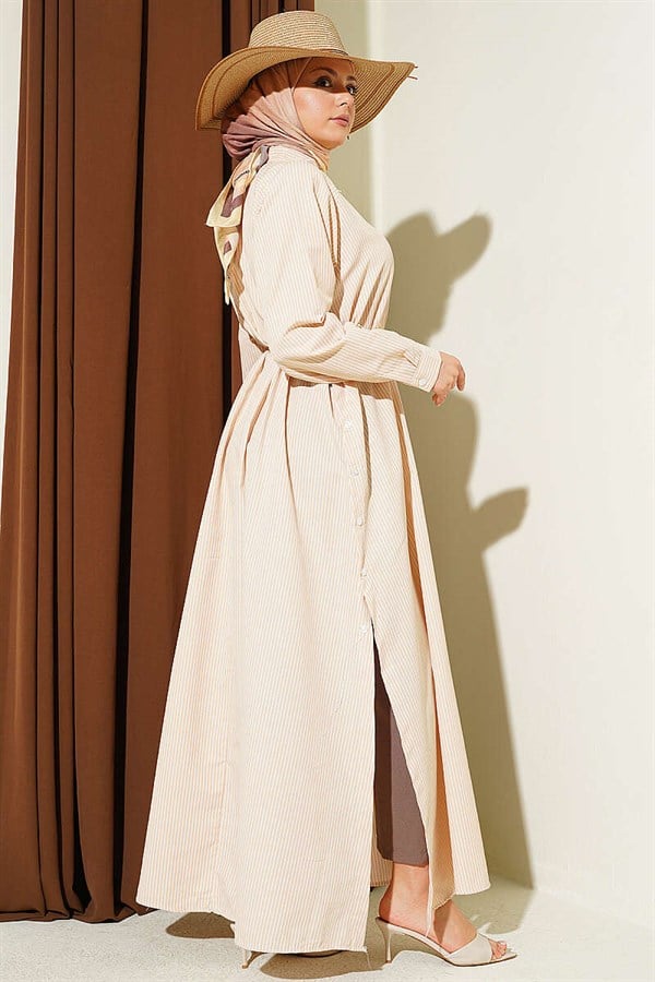 Half-Buttoned Striped Long Shirt with Side Slits, Beige