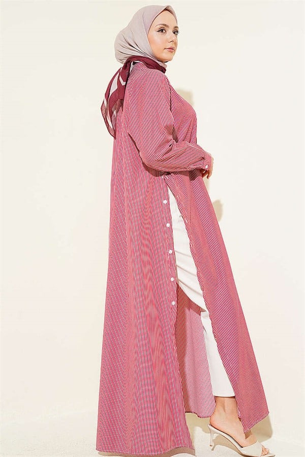 Half-Buttoned Striped Long Shirt with Side Slits, Burgundy