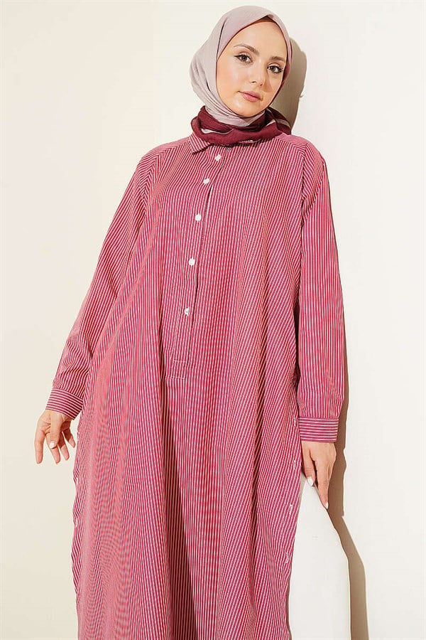 Half-Buttoned Striped Long Shirt with Side Slits, Burgundy
