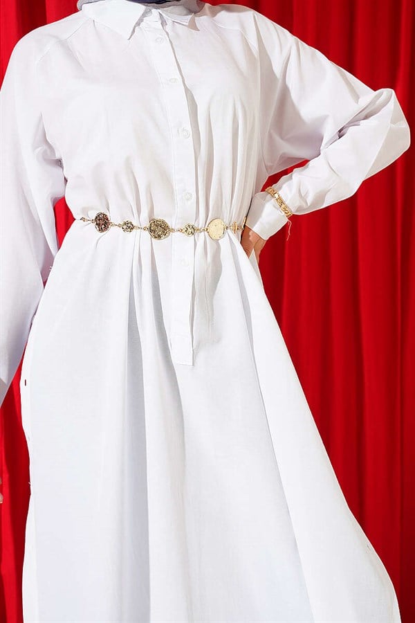 Half-Button Long Shirt with Side Slits, White
