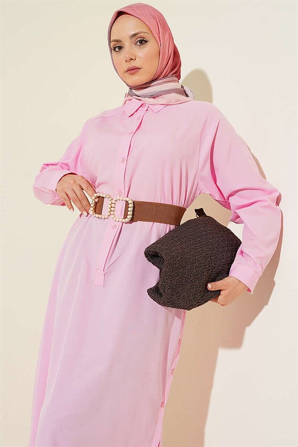Half-Button Long Shirt with Side Slits, Pink