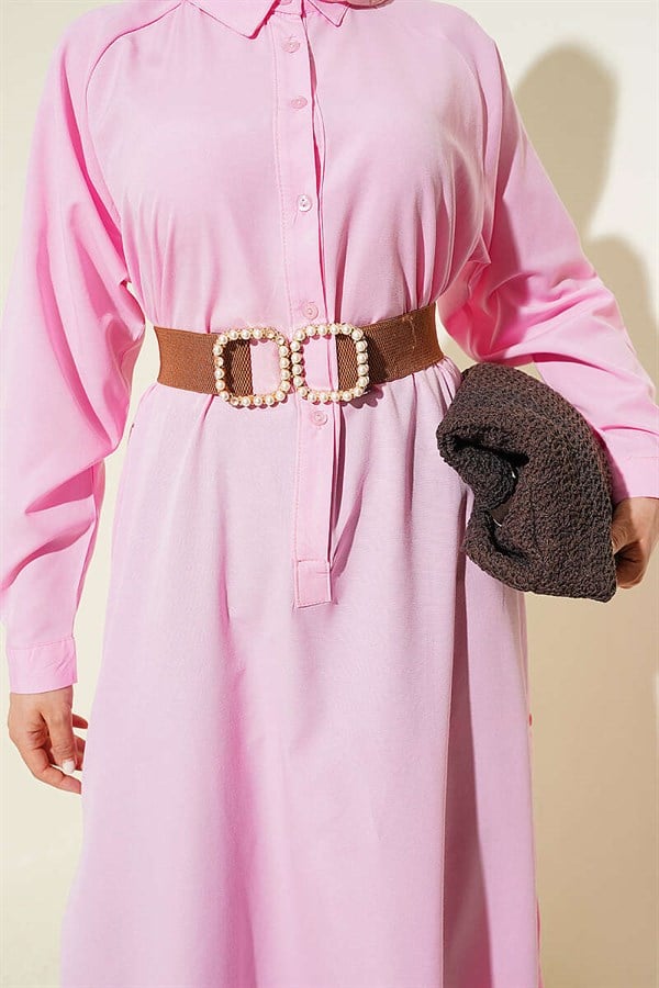 Half-Button Long Shirt with Side Slits, Pink