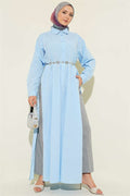 Half-Button Long Shirt with Side Slits, Baby Blue