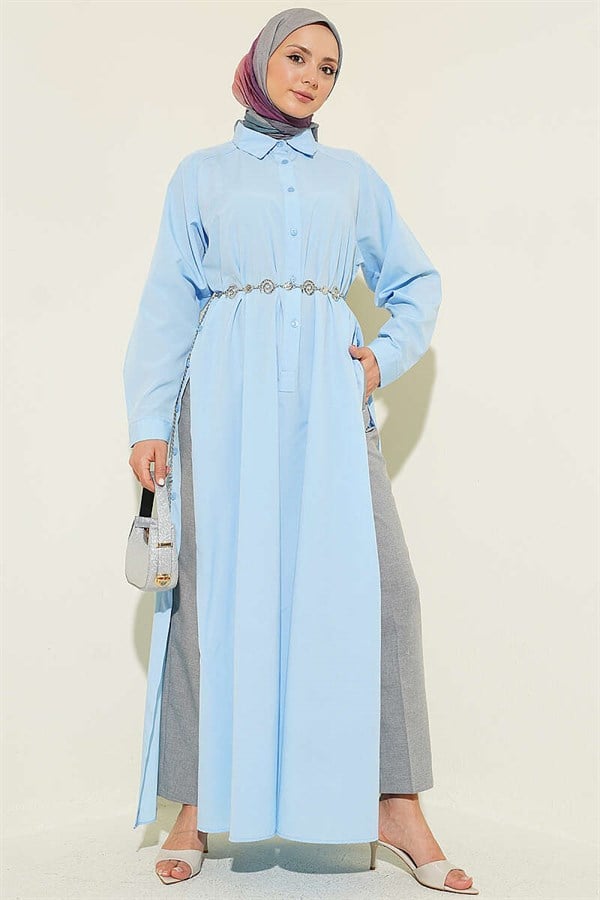 Half-Button Long Shirt with Side Slits, Baby Blue