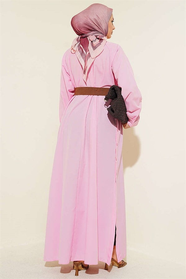 Half-Button Long Shirt with Side Slits, Pink