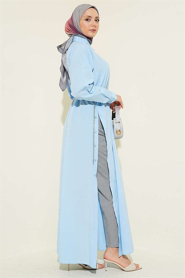 Half-Button Long Shirt with Side Slits, Baby Blue
