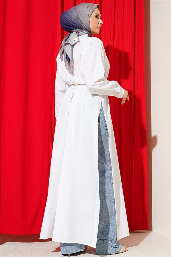 Half-Button Long Shirt with Side Slits, White