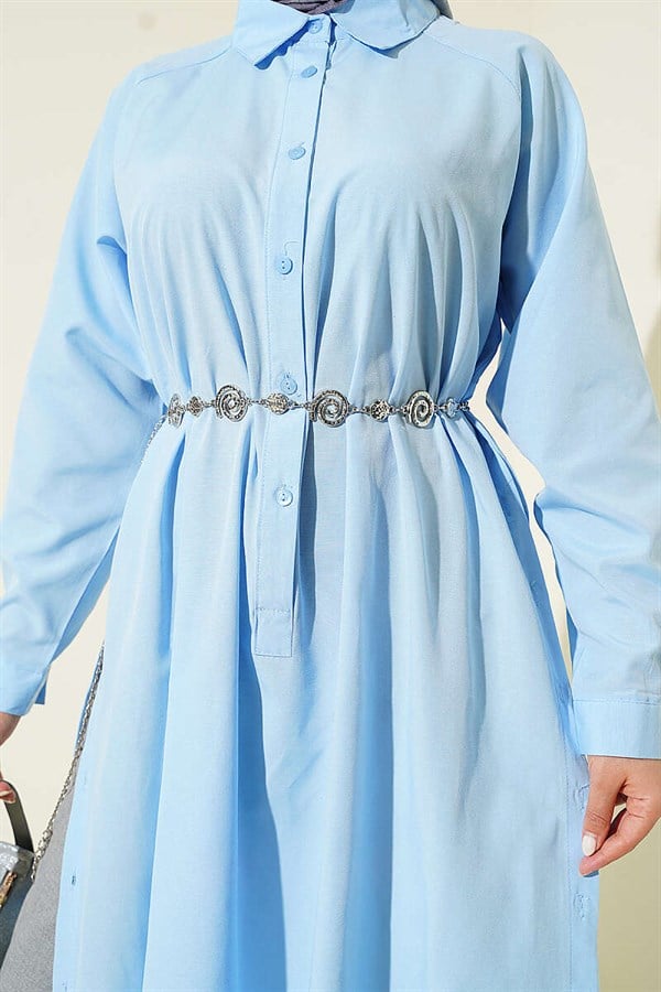 Half-Button Long Shirt with Side Slits, Baby Blue