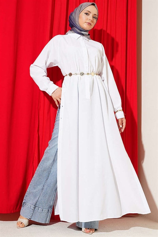 Half-Button Long Shirt with Side Slits, White