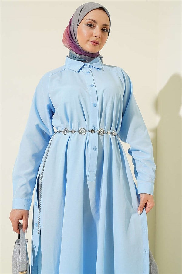Half-Button Long Shirt with Side Slits, Baby Blue
