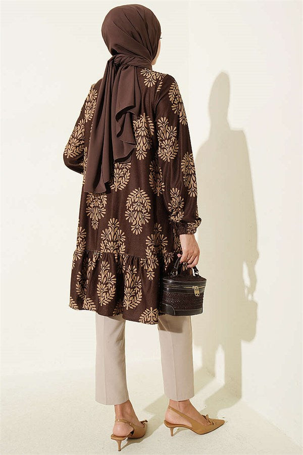 Half-Button Leaf Pattern Tunic, Brown