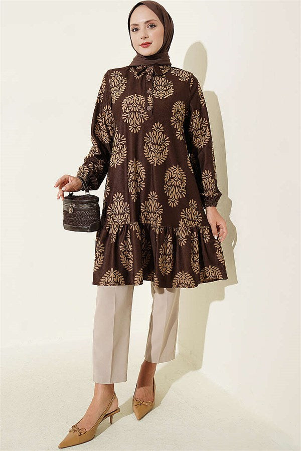 Half-Button Leaf Pattern Tunic, Brown
