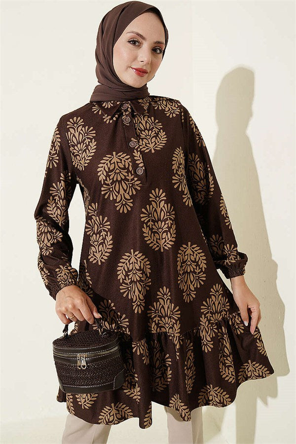 Half-Button Leaf Pattern Tunic, Brown
