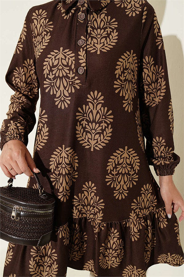 Half-Button Leaf Pattern Tunic, Brown