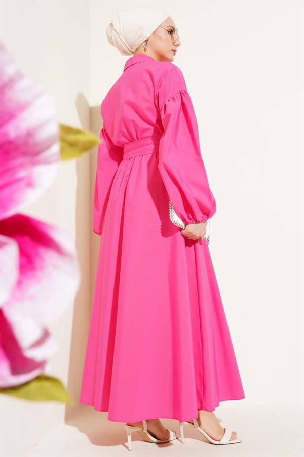 Half Zipper Balloon Sleeve Terikoton Dress Fuchsia