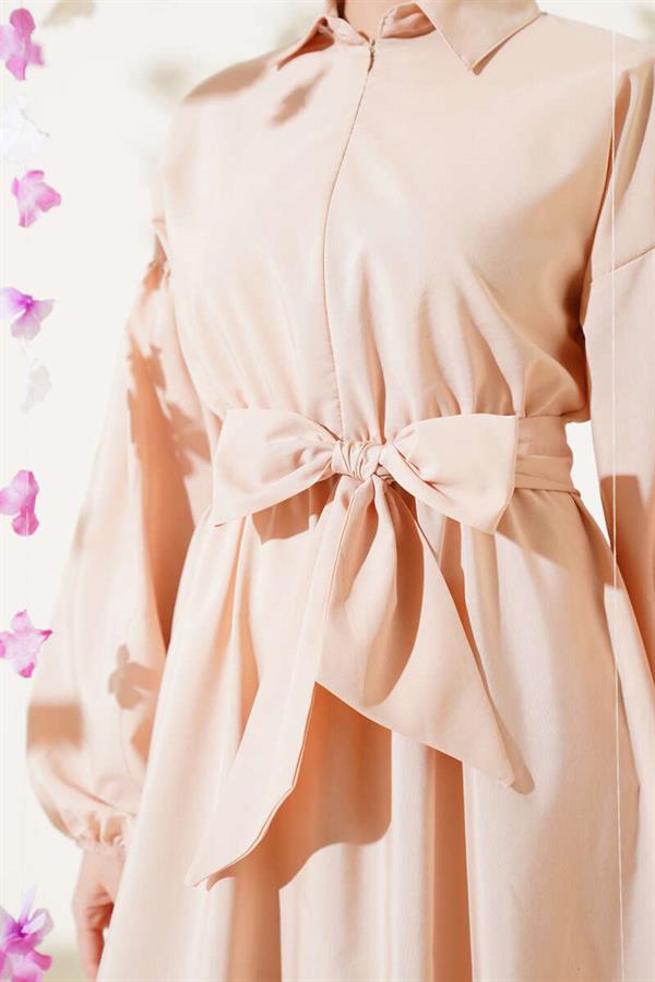 Half Zipper Balloon Sleeve Tericoton Dress Beige