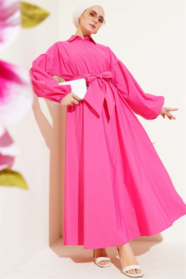 Half Zipper Balloon Sleeve Terikoton Dress Fuchsia
