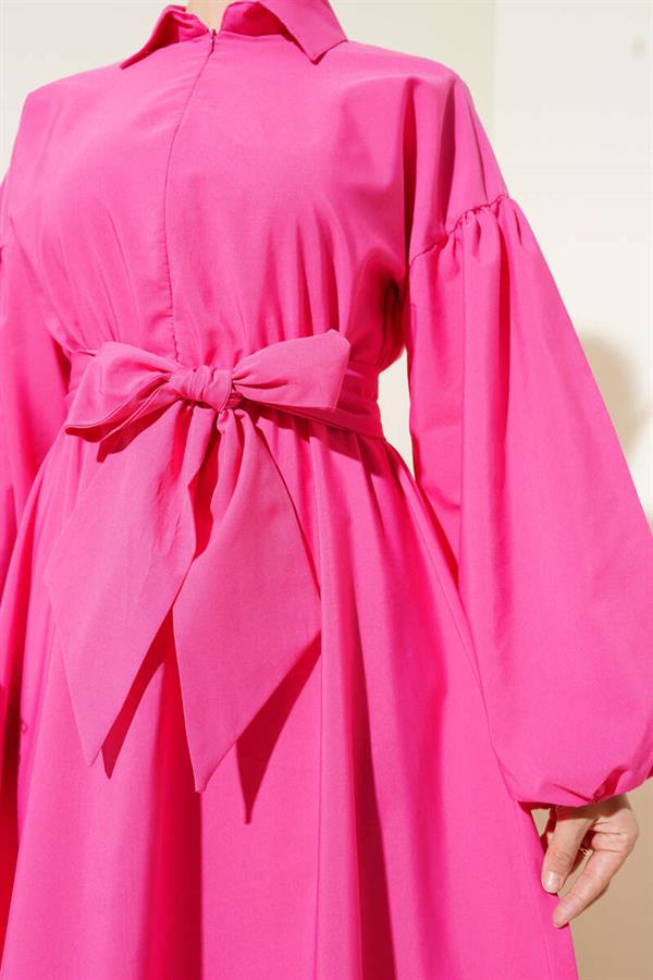 Half Zipper Balloon Sleeve Terikoton Dress Fuchsia
