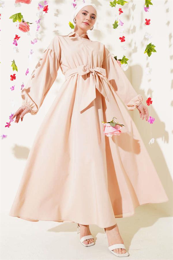 Half Zipper Balloon Sleeve Tericoton Dress Beige