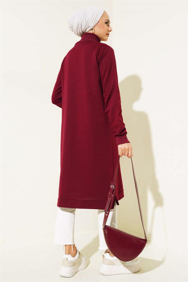 Half Zipper Basic Long Tunic Claret Red