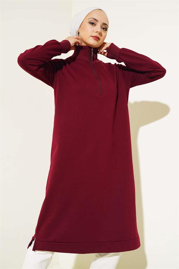 Half Zipper Basic Long Tunic Claret Red