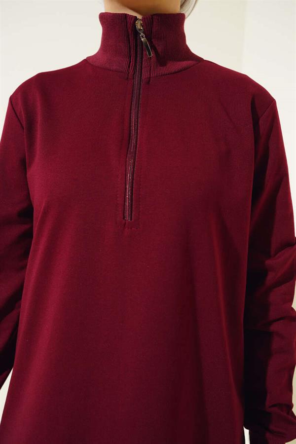 Half Zipper Basic Long Tunic Claret Red