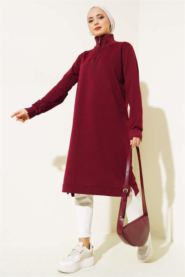 Half Zipper Basic Long Tunic Claret Red